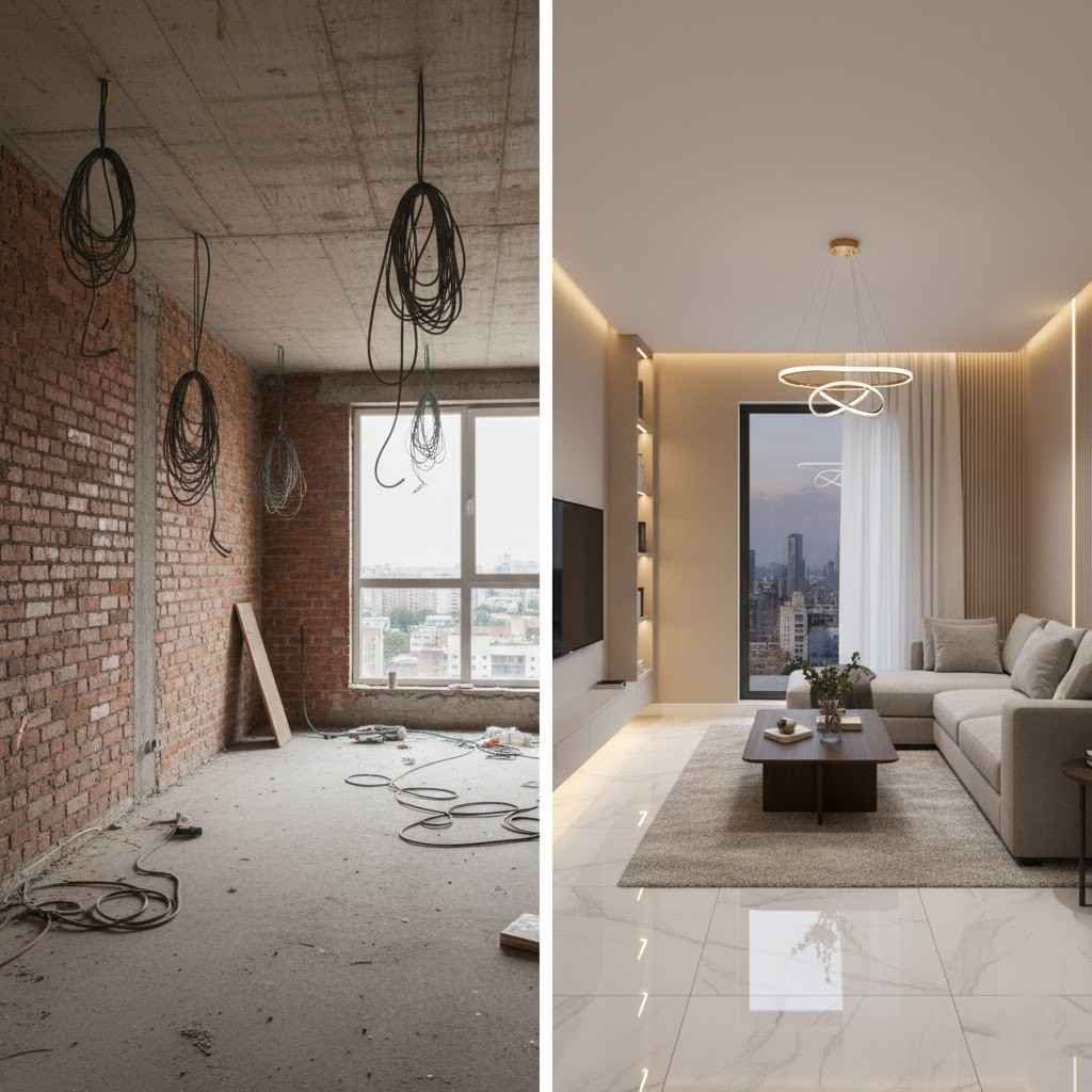 مقارنة قبل وبعد لخدمة تشطيب شقق تسليم مفتاح من بيت تايكون