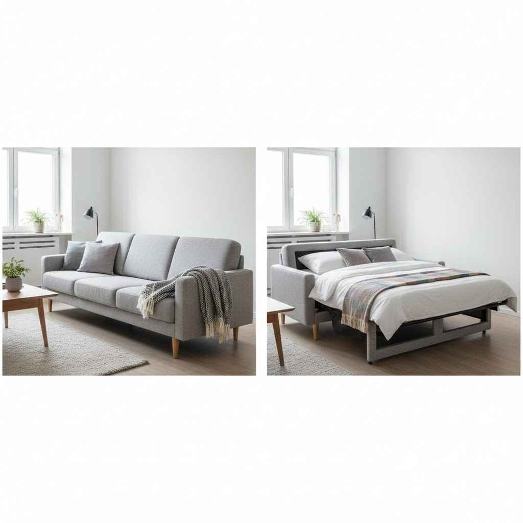 صورة لكنبة تتحول إلى سرير، وهي فكرة ممتازة لـ استغلال المساحات الصغيرة.