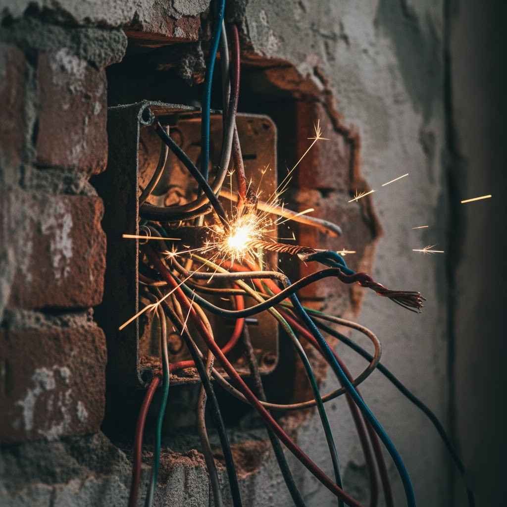 صورة تظهر فوضى وأسلاك كهربائية متشابكة بشكل خطير داخل الحائط، تمثل أحد أخطاء تأسيس الكهرباء الشائعة