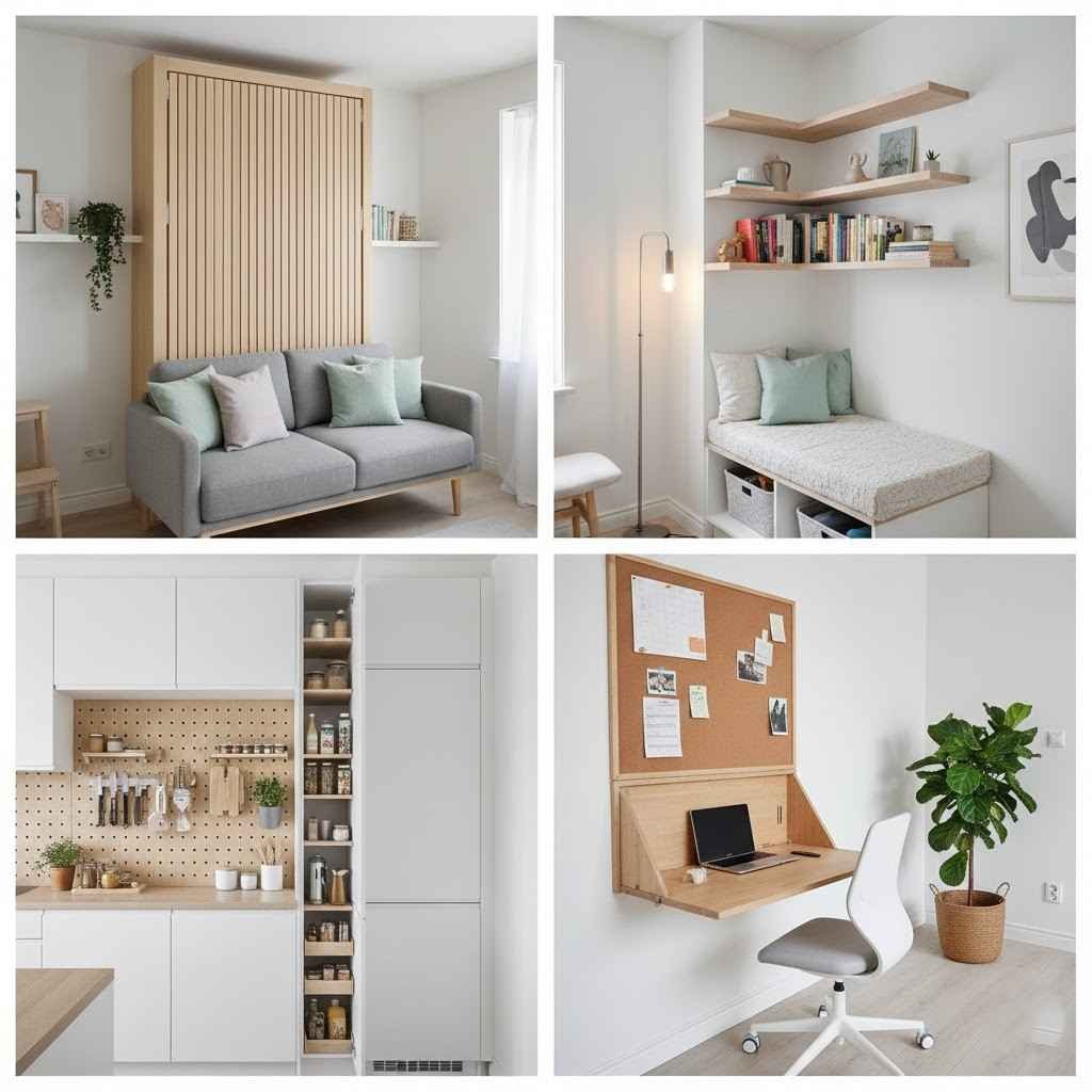 صورة مجمعة تعرض أفكاراً لـ استغلال المساحات الصغيرة، مثل الأثاث متعدد الاستخدامات والأرفف الرأسية.