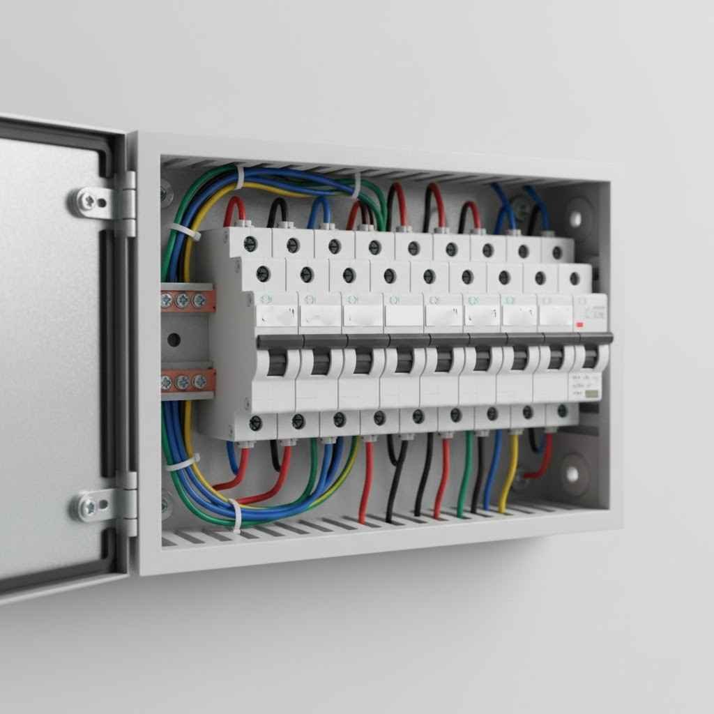 لوحة توزيع كهرباء منظمة توضح أهمية فصل الأحمال العالية لتجنب أخطاء التشطيبات الشائعة.