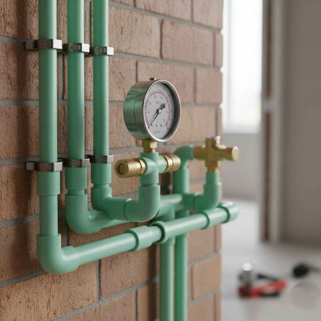 صورة مقربة لاختبار ضغط مواسير المياه في شقة تحت التشطيب للتأكد من عدم وجود تسريب قبل أعمال المحارة