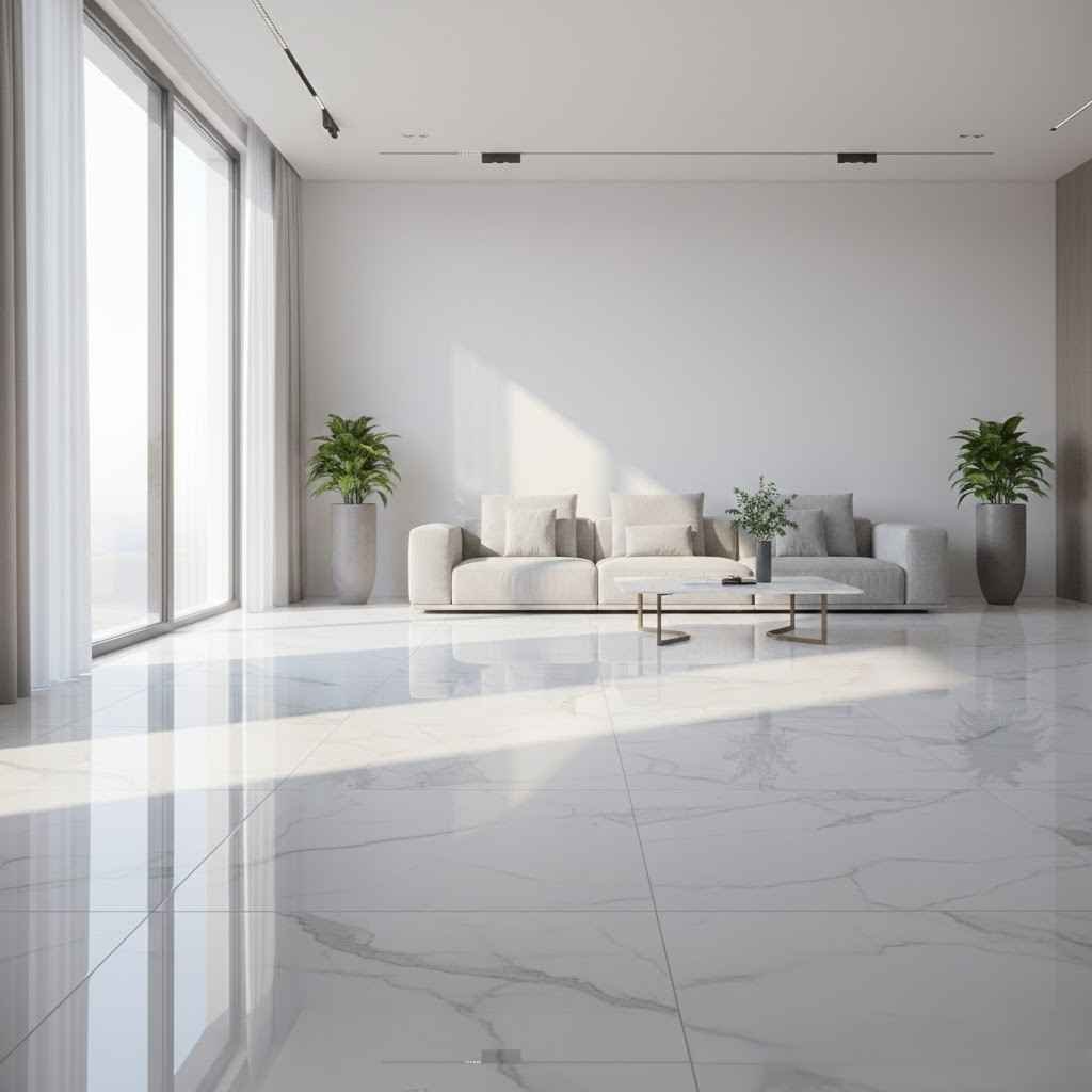 ريسبشن فخم بأرضية بورسلين لامعة يوضح الفرق بين السيراميك والبورسلين والـ HDF في التصميم الداخلي.