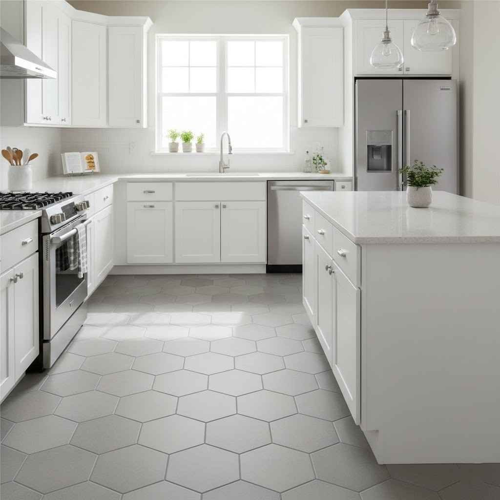 مطبخ عملي بأرضية سيراميك يوضح الفرق بين السيراميك والبورسلين والـ HDF في مقاومة الماء.