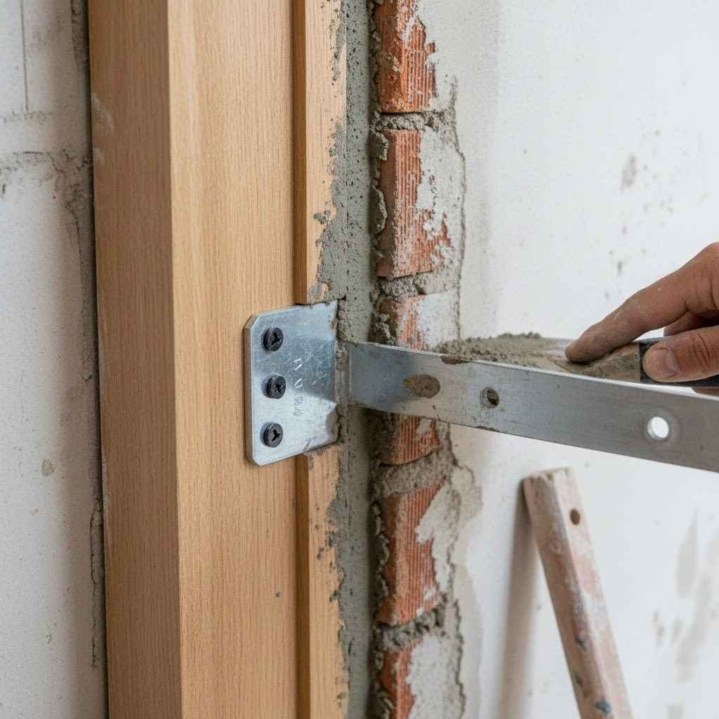 صورة تظهر كانة معدنية لتثبيت حلق الباب، وهي الطريقة الصحيحة لتجنب أخطاء التشطيبات الشائعة.