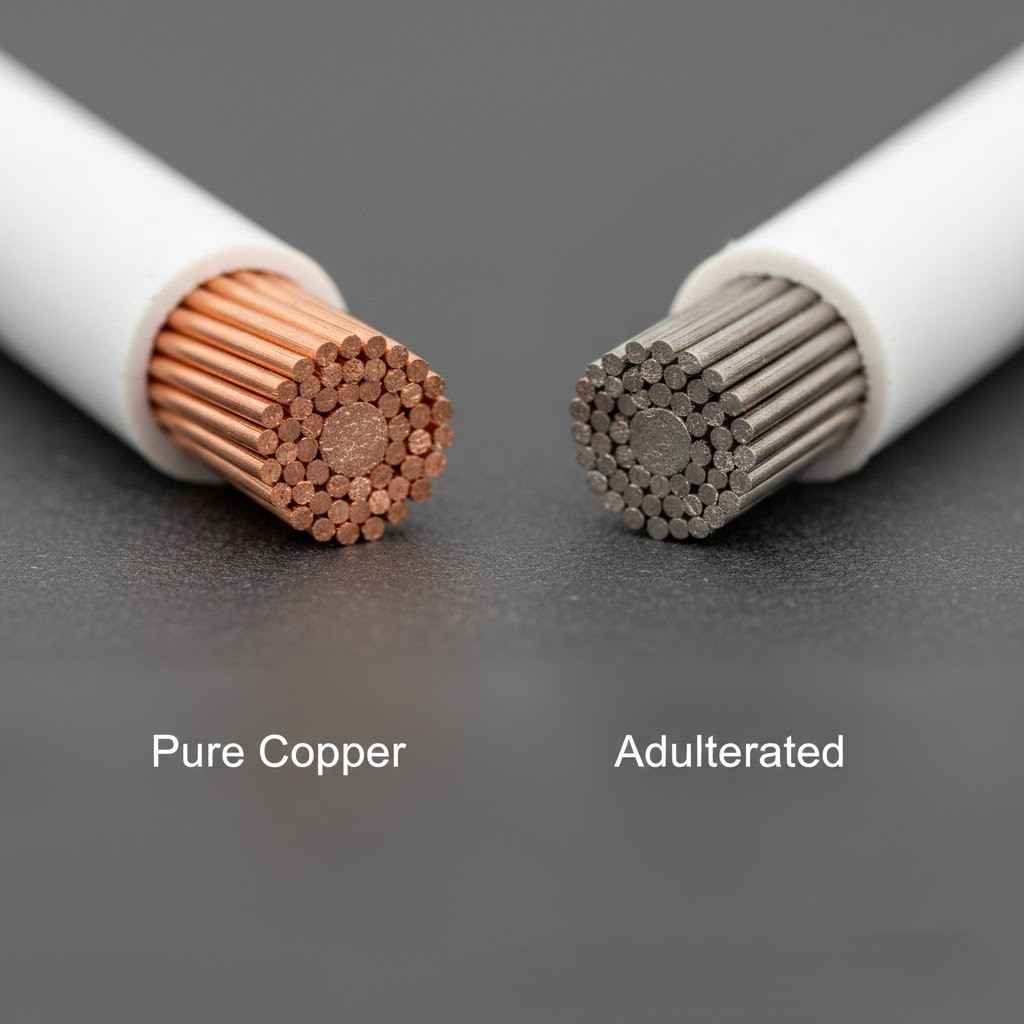 مقارنة بين سلك نحاس نقي وسلك مغشوش لتوضيح أحد أخطر أخطاء التشطيبات الشائعة.