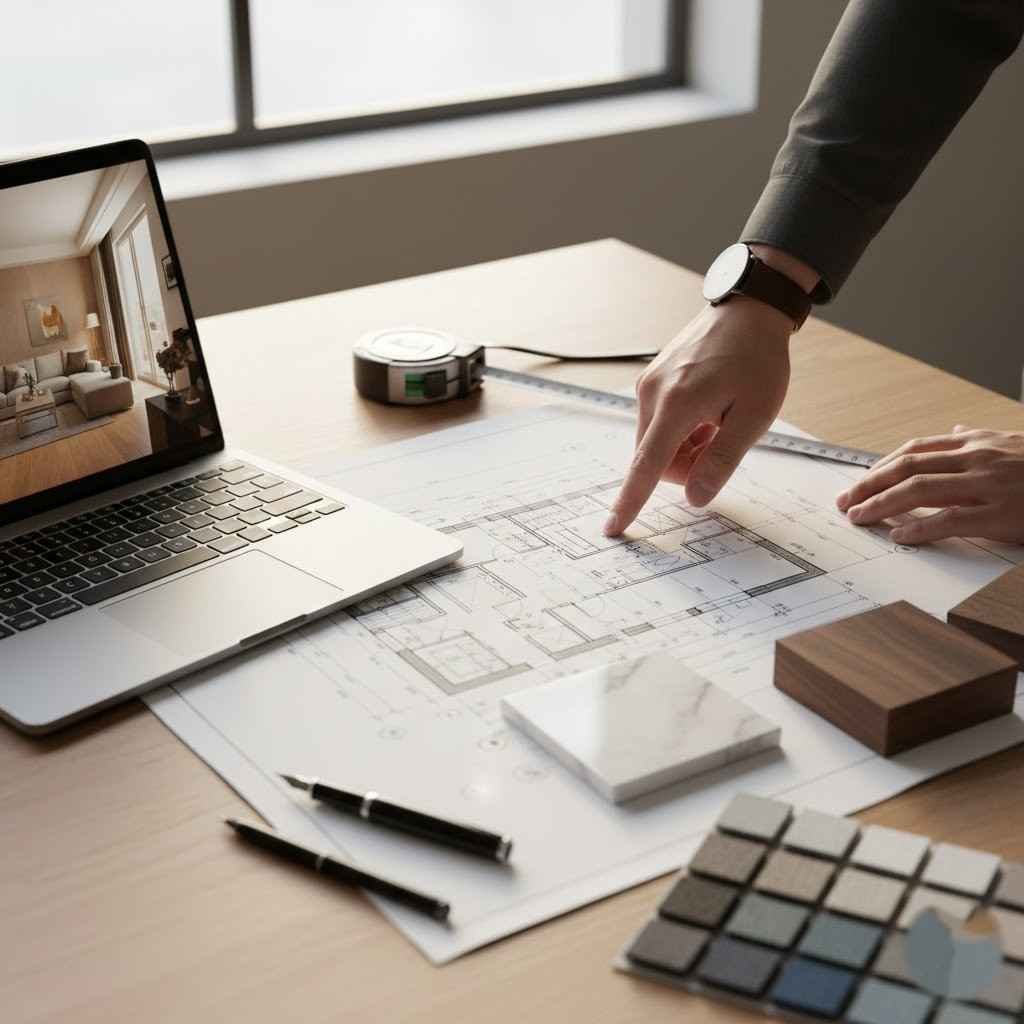 مخططات ورسومات هندسية مع عينات مواد وألوان على طاولة مهندس ديكور، توضح مرحلة التخطيط قبل تشطيب الشقة