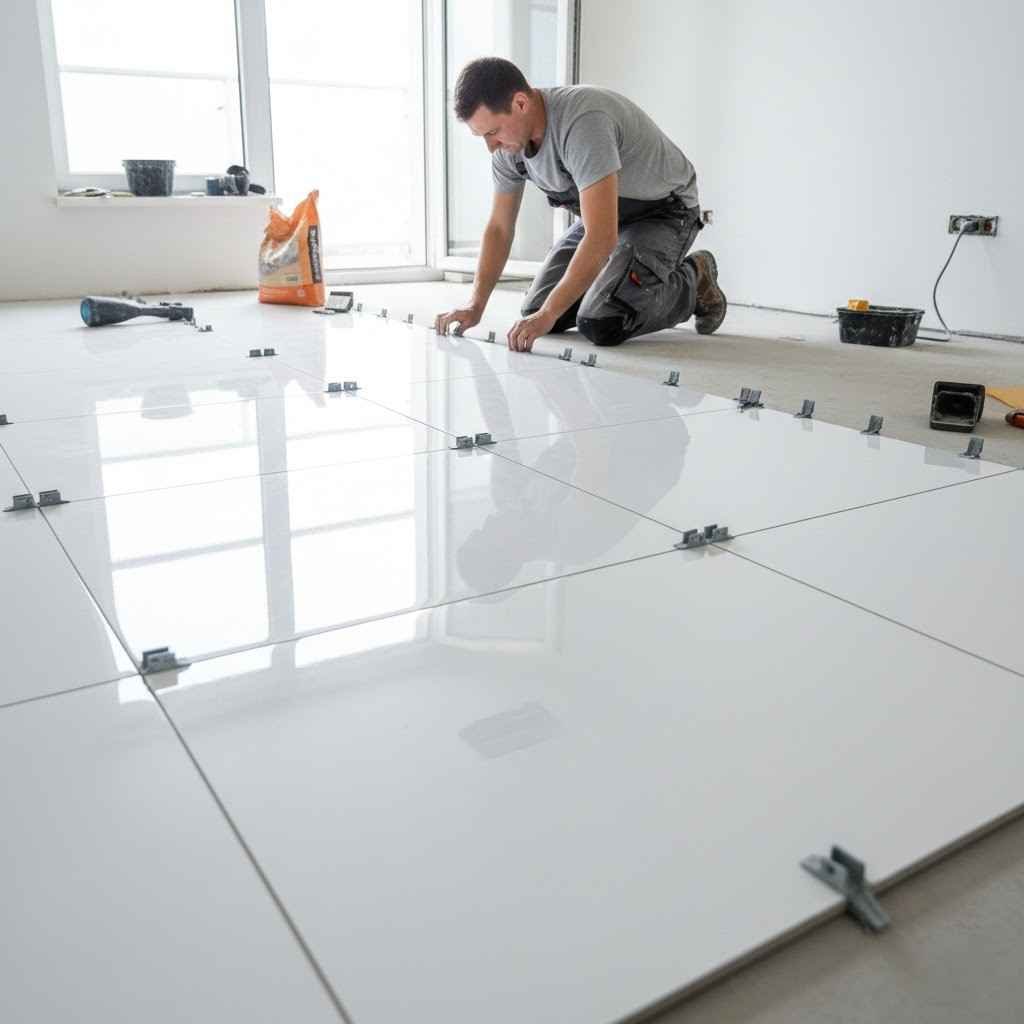 عامل محترف يقوم بتركيب بلاط بورسلين كبير الحجم باستخدام نظام تسوية البلاط لضمان أرضيات متساوية تماماً