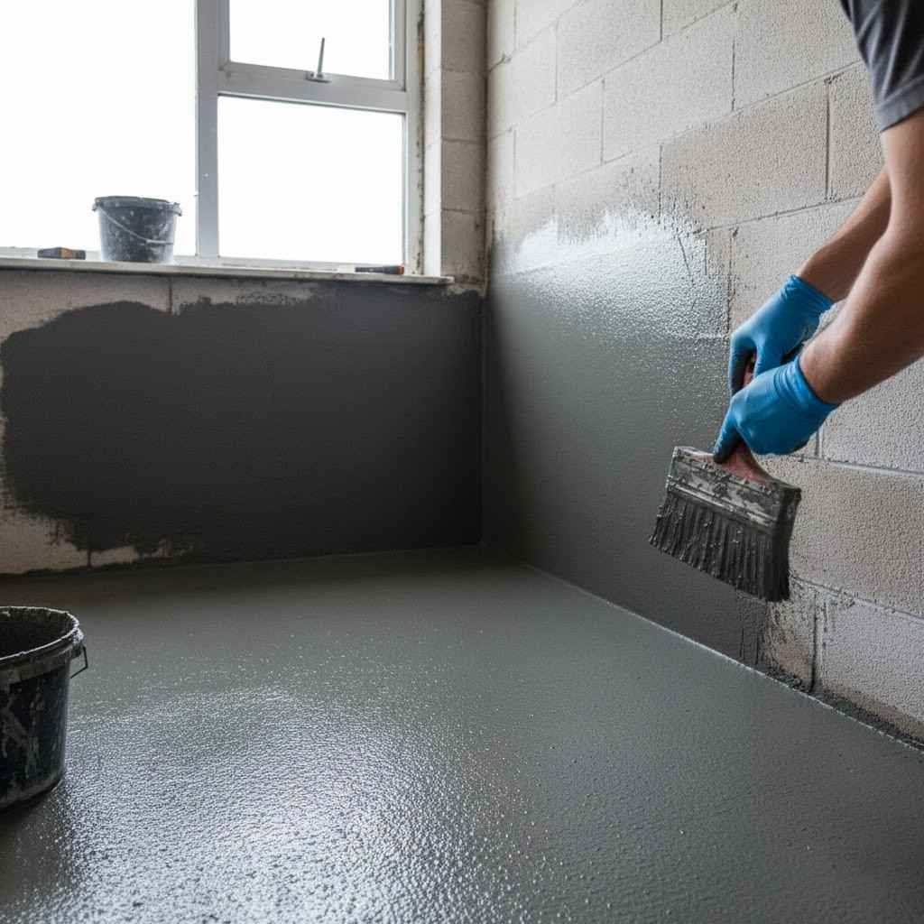 عامل يقوم بتطبيق العزل المائي، وهي خطوة حيوية لتجنب أخطاء التشطيبات الشائعة في الحمامات.