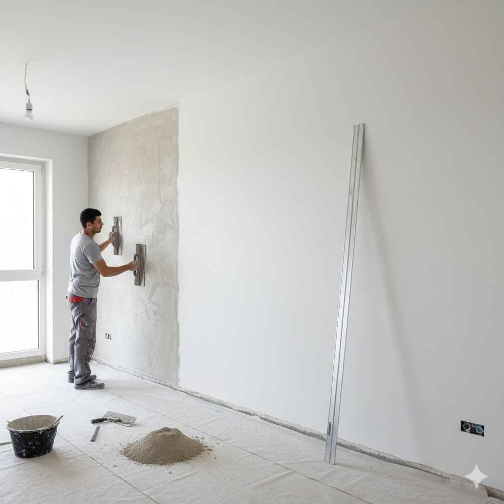 عامل محترف يقوم بأعمال المحارة لجدار في شقة، مع إظهار استقامة ودقة السطح باستخدام القدة الألومنيوم