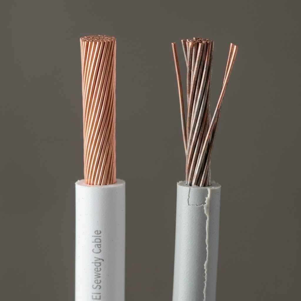 مقارنة بين سلك كهربائي معتمد من النحاس النقي وسلك آخر رديء، لتوضيح أهمية جودة الخامات في تأسيس الكهرباء