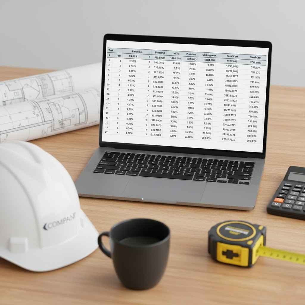 صورة تظهر حاسبة ومخططات هندسية وجدول بيانات على لابتوب لحساب تكلفة تشطيب شقة بدقة