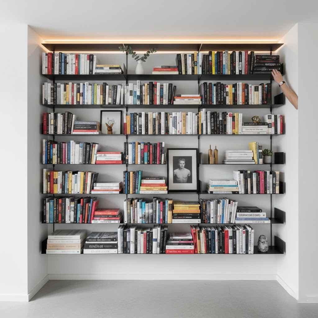 أرفف ممتدة حتى السقف، وهي فكرة رائعة لـ استغلال المساحات الصغيرة بشكل رأسي.