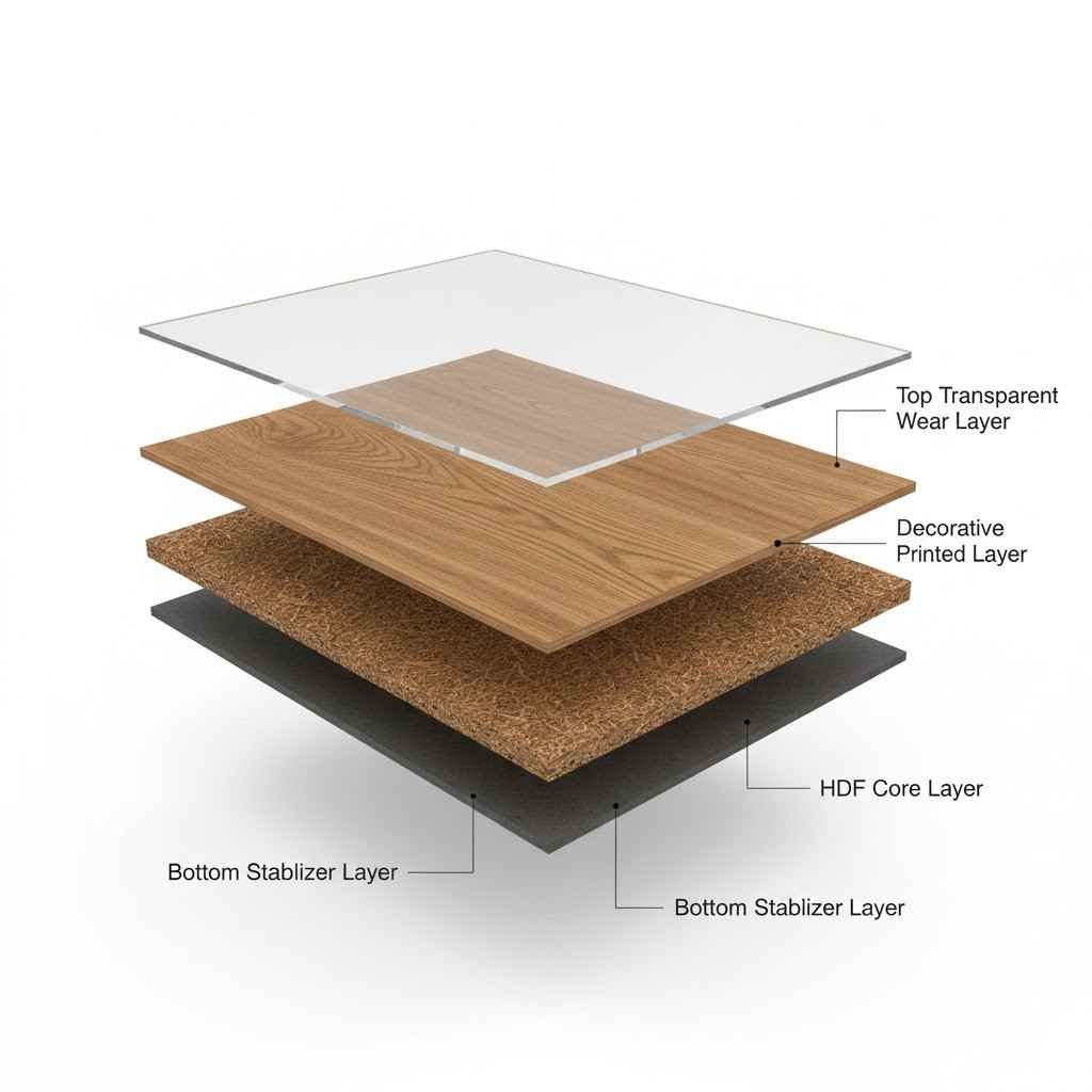 رسم توضيحي يظهر الطبقات الأربع المكونة للوح أرضيات HDF، من طبقة الحماية إلى الطبقة السفلية.