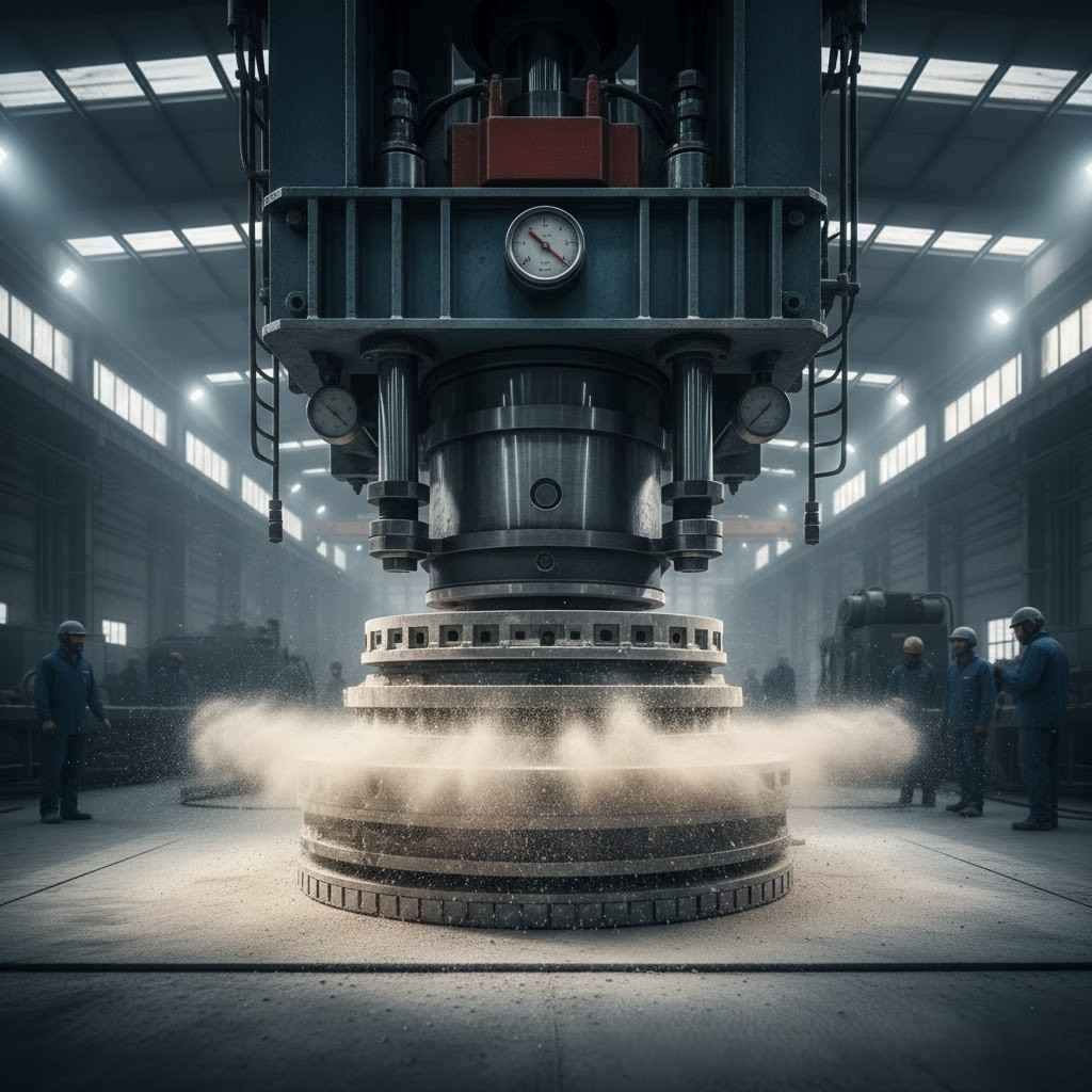 مكبس صناعي ضخم يقوم بضغط مواد البورسلين الخام بقوة هائلة، مما يوضح سبب كثافته العالية.