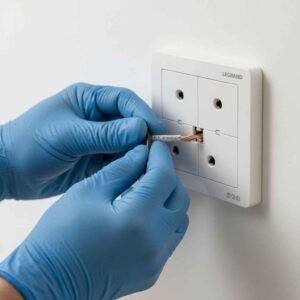 فني متخصص من بيت تايكون يقوم بتركيب بريزة كهرباء من خامات معتمدة، مما يعكس جودة وأمان العمل.