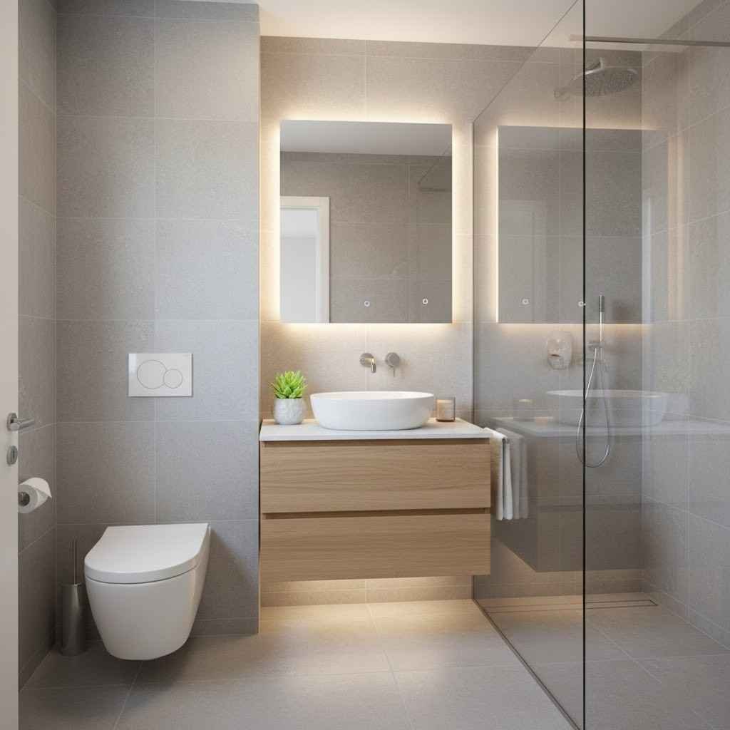 تصميم حمامات صغيرة مودرن بألوان فاتحة ووحدات معلقة لاستغلال المساحة.