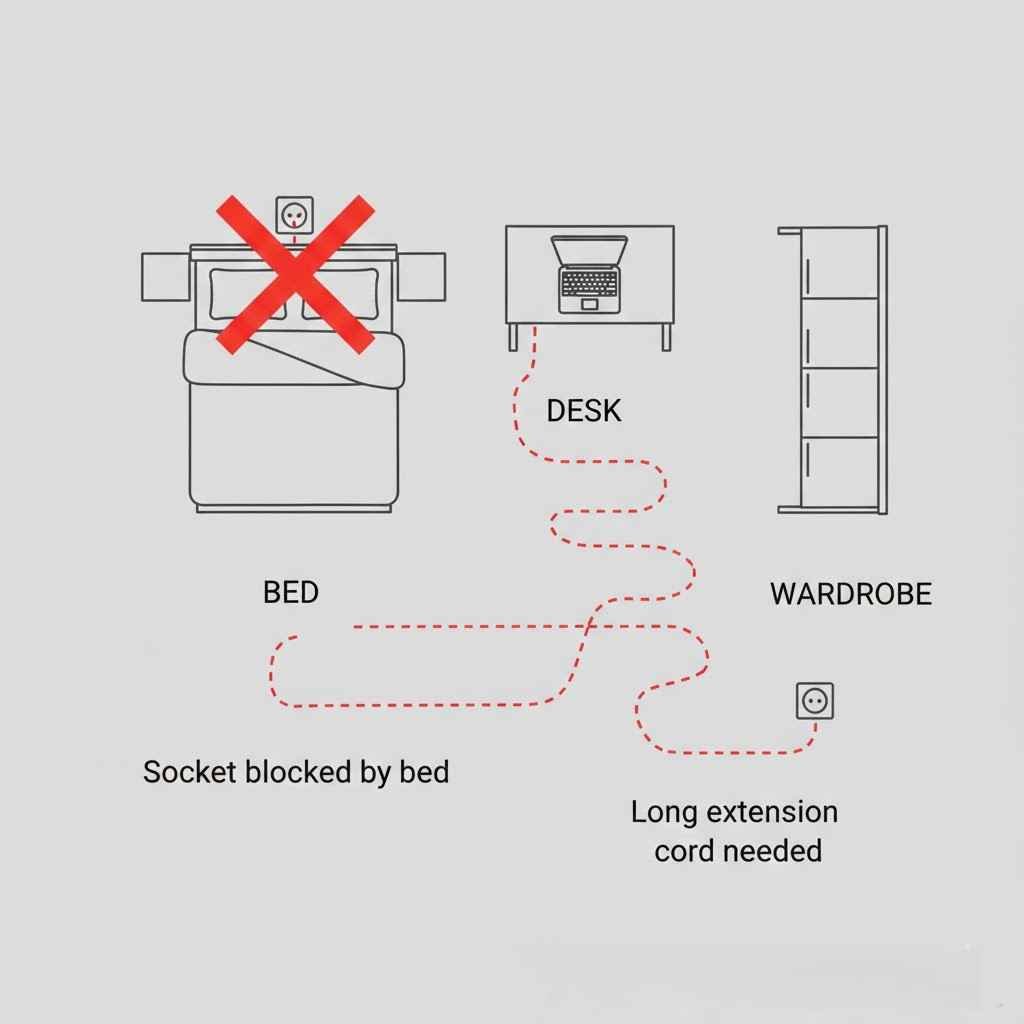 رسم توضيحي يظهر أخطاء توزيع الكهرباء الشائعة مثل وجود بريزة خلف السرير وبعدها عن مكان المكتب.