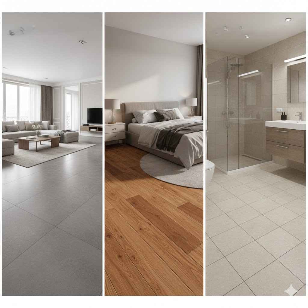 أمثلة على اختيار أرضيات الشقة المناسبة لكل غرفة، بورسلين للريسبشن و HDF لغرف النوم.
