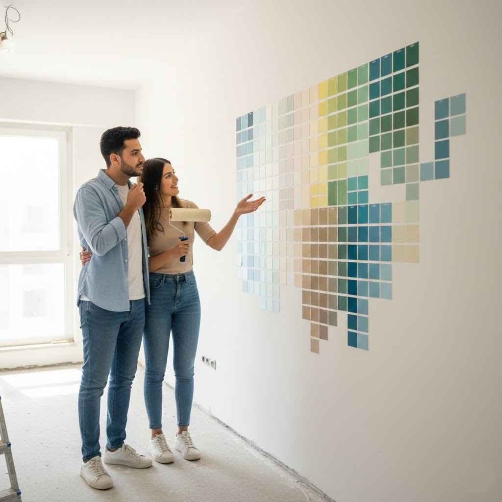 زوجان يقومان بعملية اختيار دهانات الشقة من بين عينات ألوان مختلفة على الحائط، استعداداً لتشطيب منزلهما الجديد.