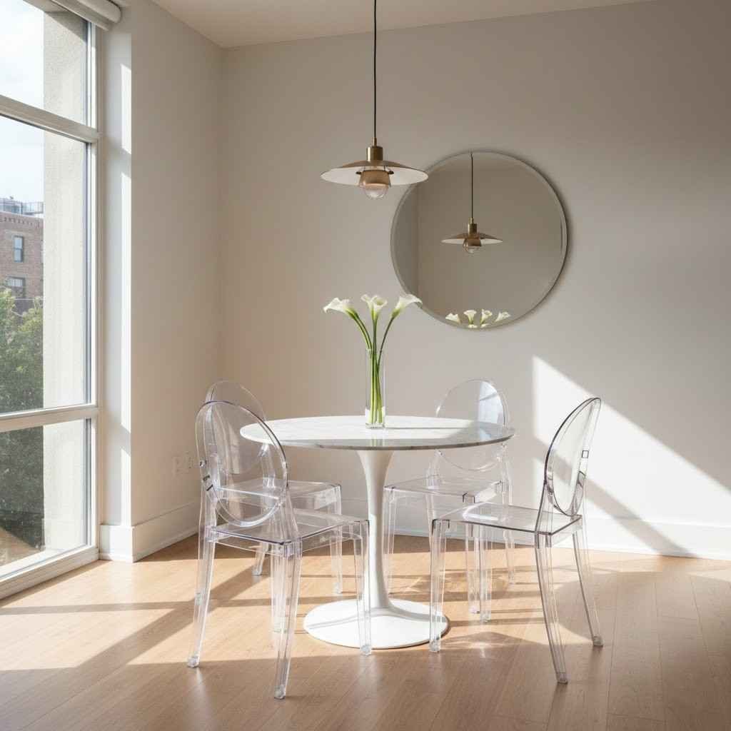  كراسي طعام من الأكريليك الشفاف، وهي فكرة ممتازة لـ استغلال المساحات الصغيرة بصرياً.