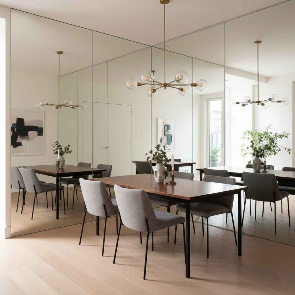 مرآة كبيرة على حائط غرفة طعام، وهي حيلة ذكية لـ استغلال المساحات الصغيرة وجعلها تبدو أكبر.