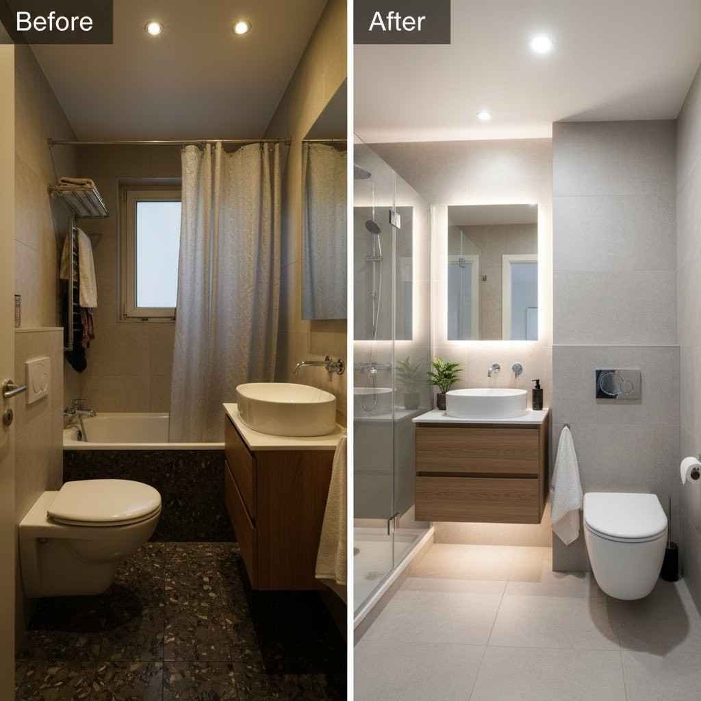 مقارنة بين حمام صغير قبل وبعد استخدام الوحدات الصحية المعلقة لاستغلال المساحة.