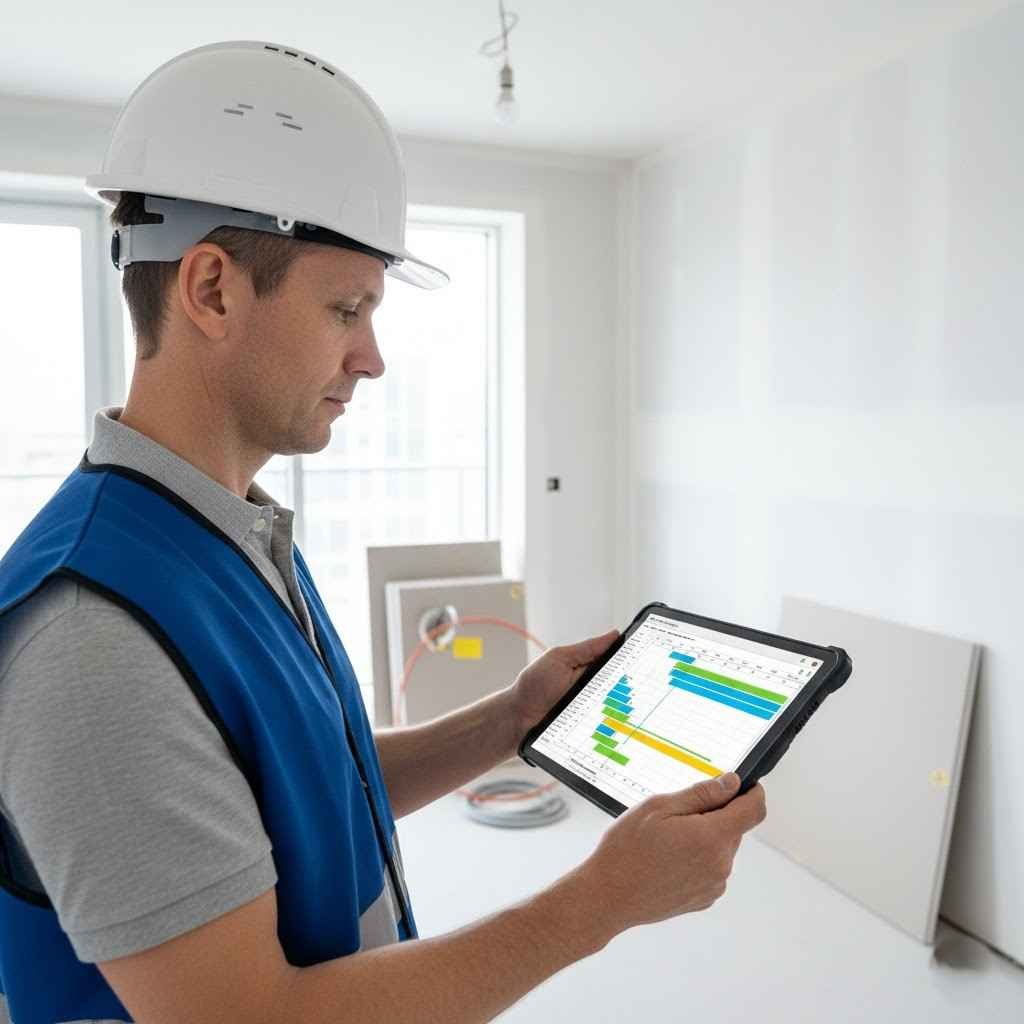 مهندس يتابع الجدول الزمني لمشروع تشطيب لضمان الالتزام بالوقت والميزانية.