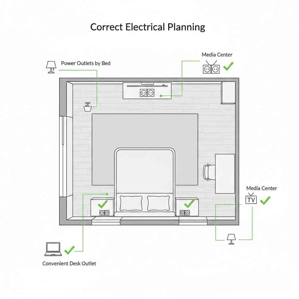 رسم توضيحي يظهر التخطيط الصحيح لتوزيع برايز الكهرباء في الغرفة بناءً على أماكن الأثاث.