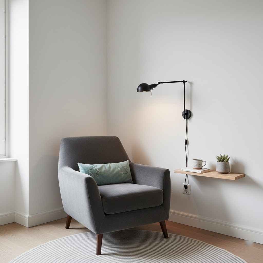 ركن قراءة أنيق في زاوية غير مستغلة، وهو مثال على تصميم شقق صغيرة مودرن بذكاء.