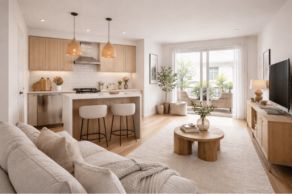 مطبخ مفتوح على غرفة المعيشة، وهو حل مثالي لـ استغلال المساحات الصغيرة ودمجها.
