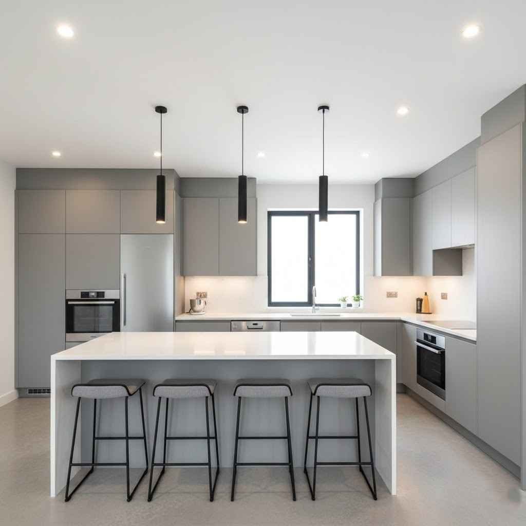تصميم مطابخ مودرن باللون الرمادي مع جزيرة مركزية وإضاءة حديثة.