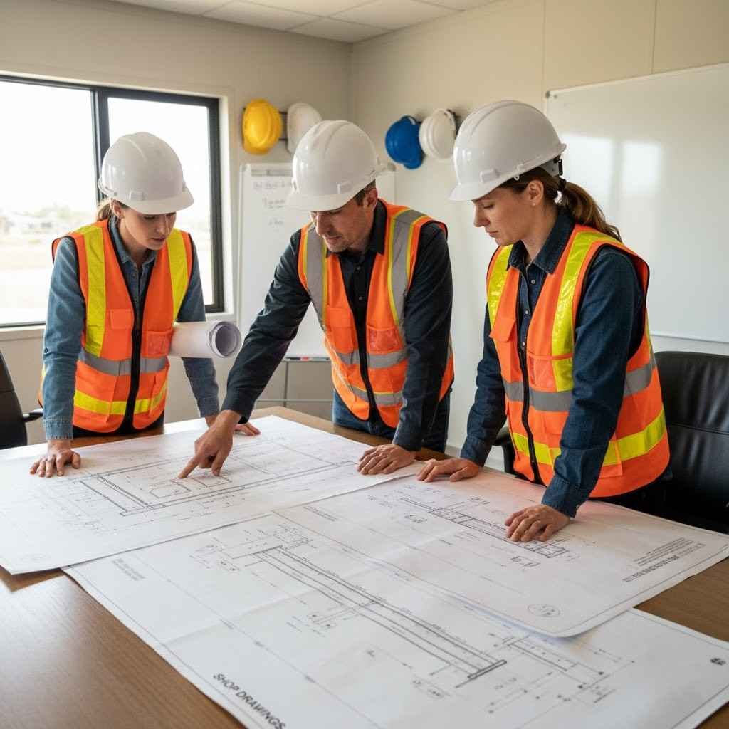 فريق هندسي من بيت تايكون يراجع الرسومات التنفيذية المنسقة لضمان دقة تنفيذ أعمال الأسقف المعلقة.