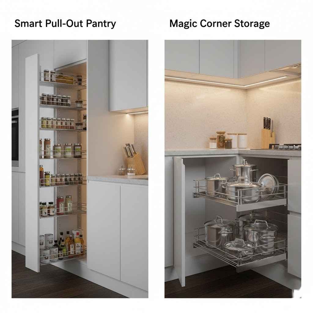 حلول تخزين ذكية في تصميم مطابخ مودرن، تشمل وحدات سحب رأسية وركنية.