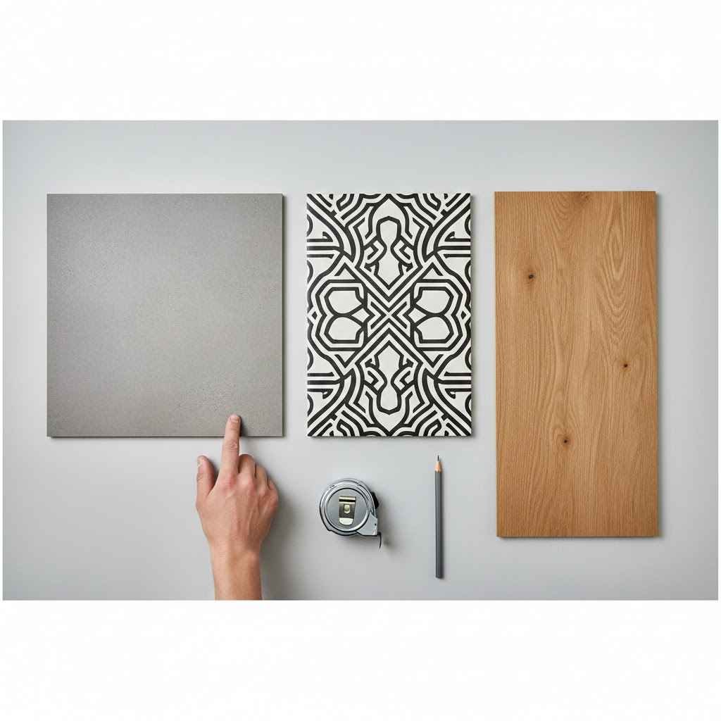 مهندس يقوم بعملية اختيار أرضيات الشقة بين عينات من السيراميك والبورسلين والـ HDF.