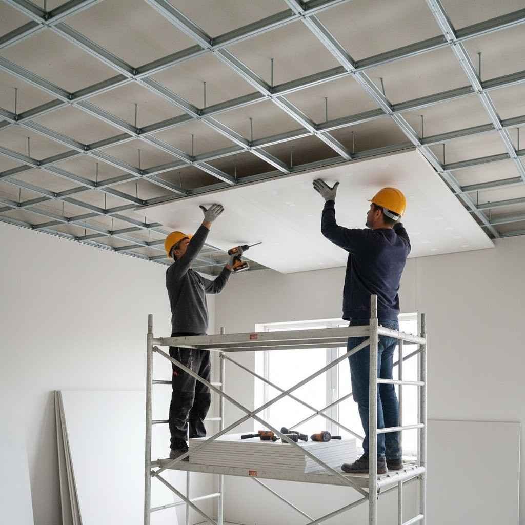  عمال يقومون بتركيب ألواح جبس بورد على شاسيه معدني، موضحاً الفرق بينه وبين الجبس البلدي.