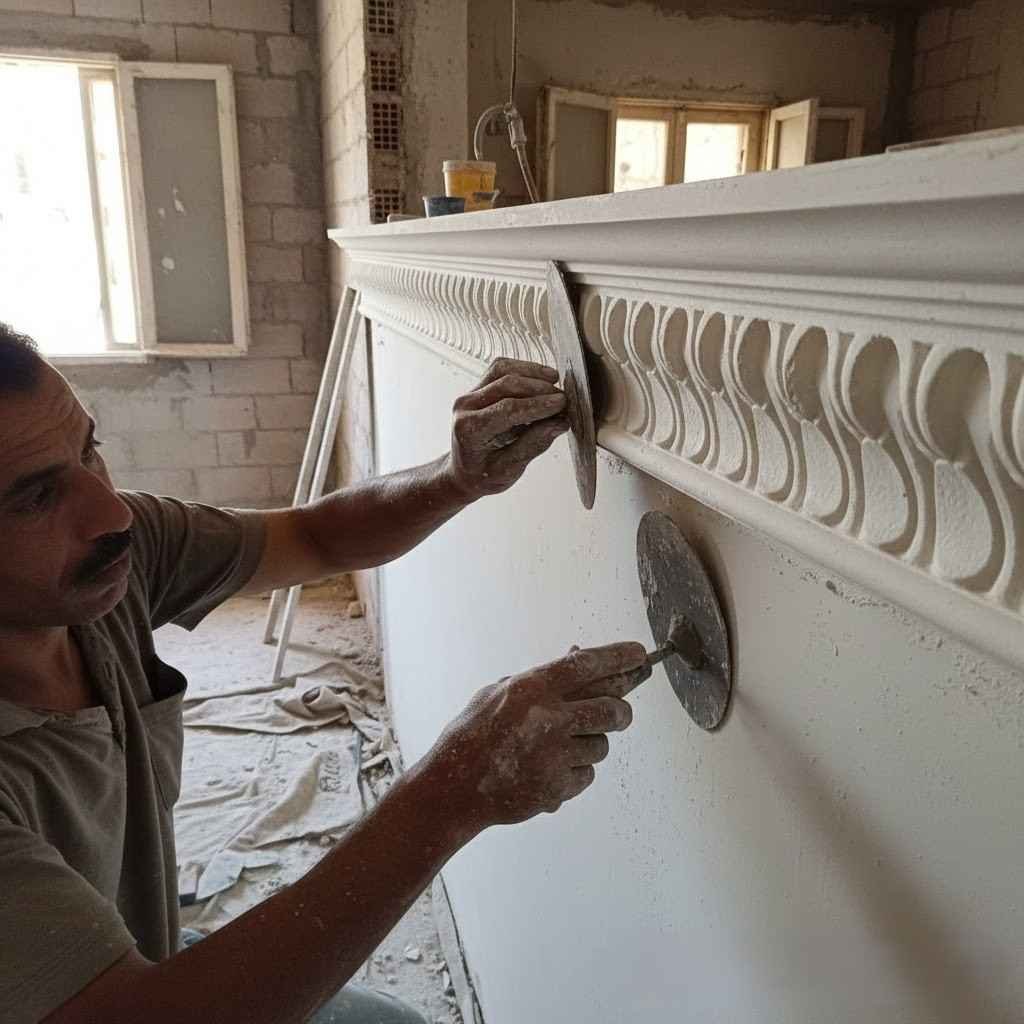  صنايعي يقوم بتركيب كورنيشة جبس بلدي، موضحاً الطريقة التقليدية لتنفيذه.