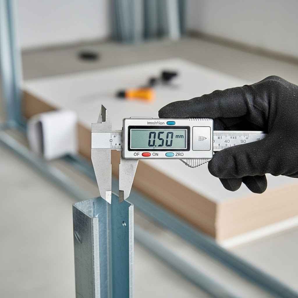 صورة توضح أهمية قياس سمك صاج الجبسون بورد باستخدام ميكروميتر لضمان جودة الهيكل المعدني.