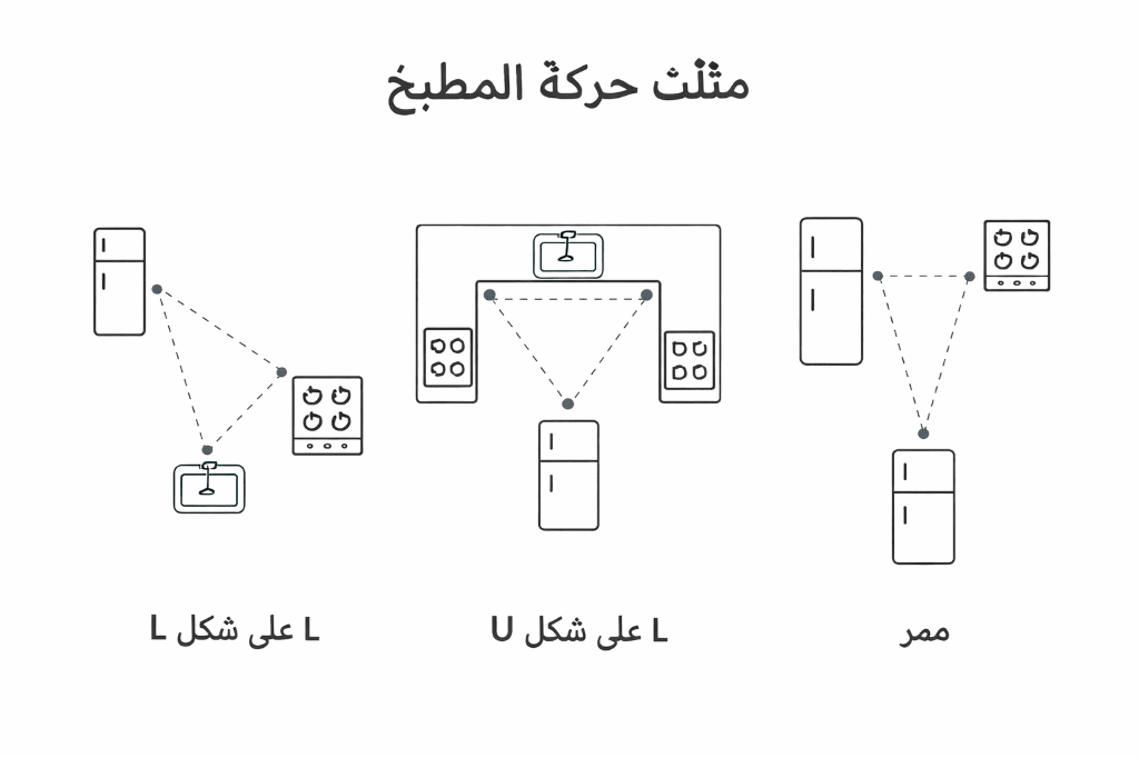 رسم توضيحي يشرح مفهوم مثلث حركة المطبخ في تصميم مطابخ مودرن.