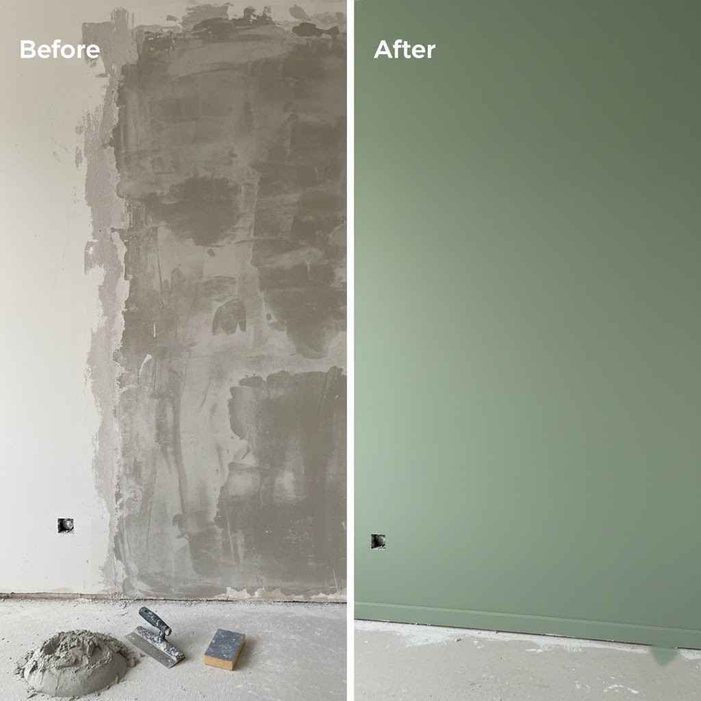 صورة توضح الفرق بين الحائط قبل وبعد مراحل دهان الشقة بالترتيب، وتظهر أهمية التأسيس الصحيح.